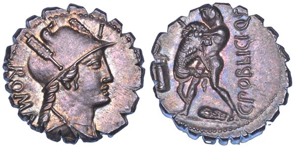 POBLICIA. C. Poblicius Q.F., 80 a.C. Denario serrato.