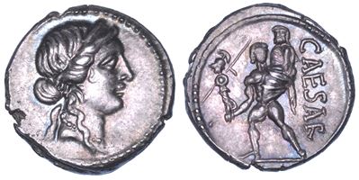 C. GIULIO CESARE, Denario, anni 47-46 a.C., Africa