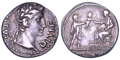 Ottaviano Augusto, Denario, 8 a.C., Lugdunum