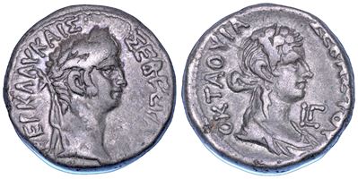 Nerone e Ottavia, Tetradracma, 56-57 d.C., Alessandria d'Egitto