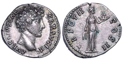 Marco Aurelio, Denario con Fides e simboli agricoli, 139-161 d.C., Roma