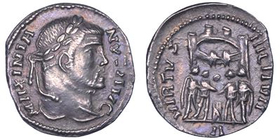 Massimiano Erculeo, Argenteus con testa laureata e mura fortificate, 286-305 d.C.