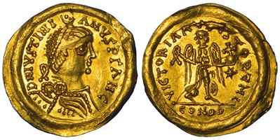 Atalarico, Tremisse a nome di Giustiniano I, 527-536, Ravenna