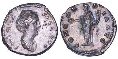 FAUSTINA I, Denario con busto drappeggiato, Roma 139-141 d.C.