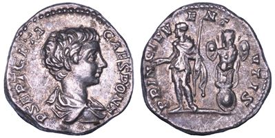 GETA, Denario con busto e figura di Geta, Roma 200-202 d.C.