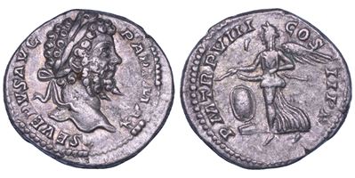 Settimio Severo, Denario commemorativo di Vittoria, Roma, 200 d.C.