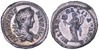 Caracalla, Denario con busto drappeggiato e Liberalitas