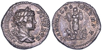 Caracalla, Denario con raffigurazione del trofeo e prigionieri seduti