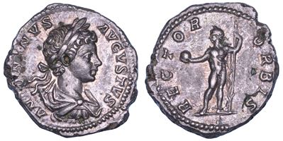 Caracalla, Denario con busto e rappresentazione allegorica del potere, Roma 201-206 d.C.