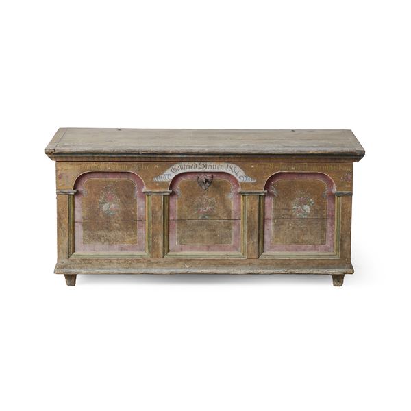Cassapanca in legno dipinto. Tirolo 1884