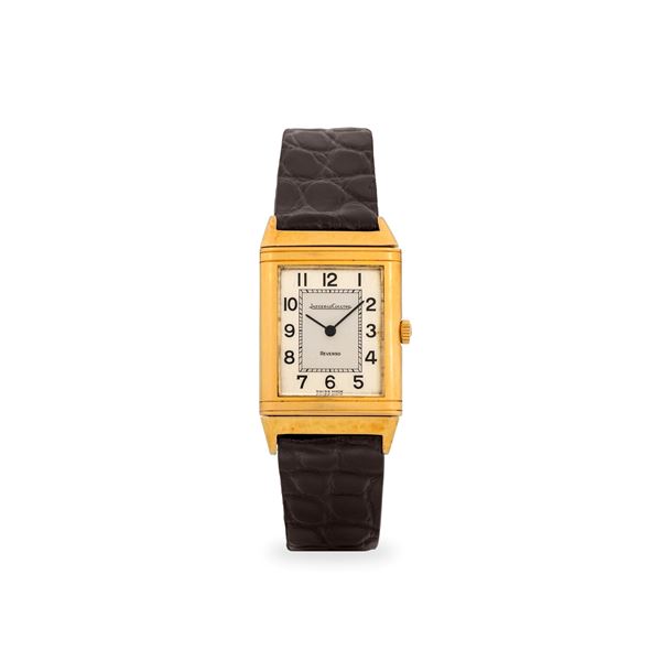 Reverso Classique in oro giallo 18k, carica manuale quadrante argentè bitonale, con scatola e garanzia, circa 1990