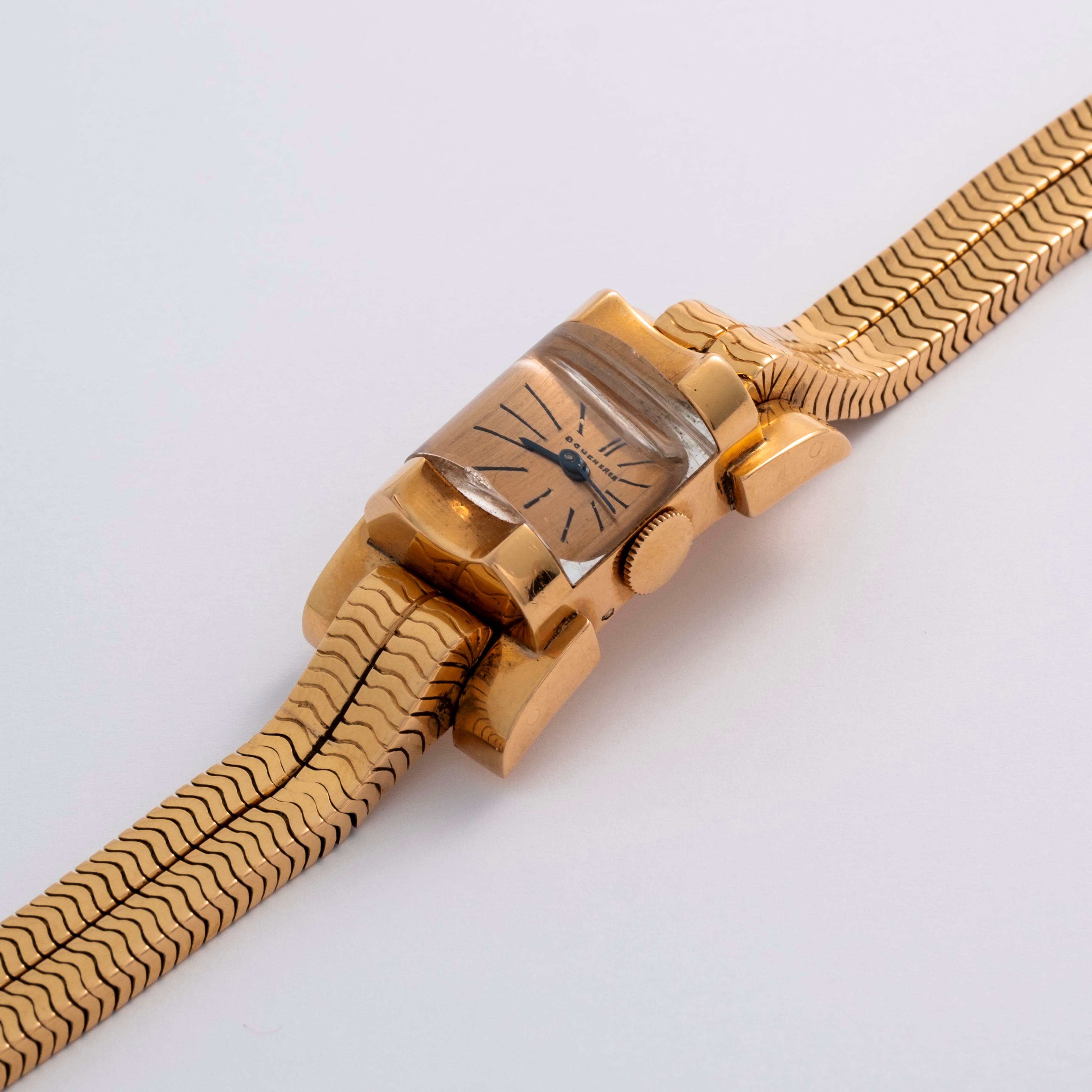Boucheron - Orologio Art Déco in oro rosa 18k con bracciale integrato, quadrante salmone e vetro ...