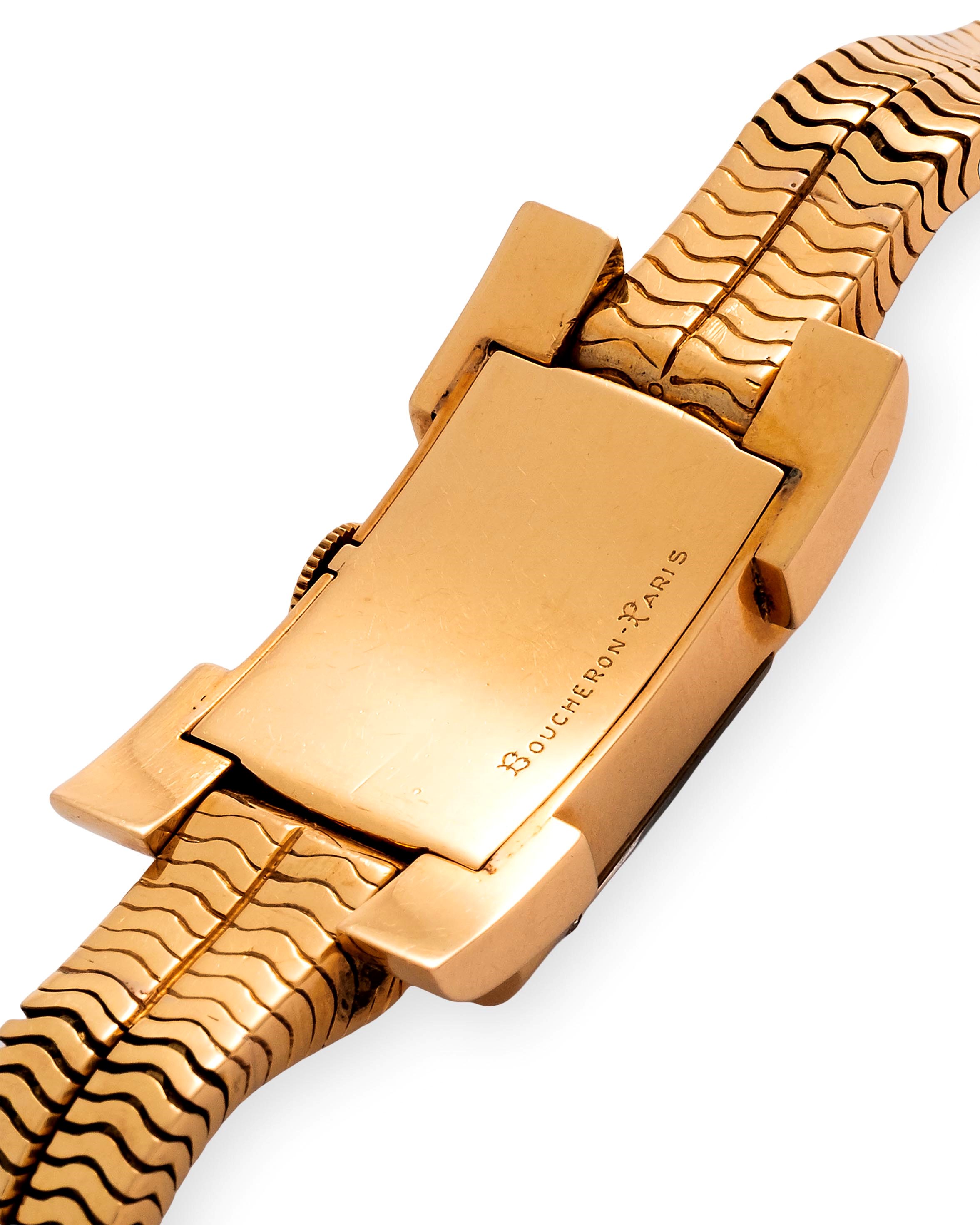 Boucheron - Orologio Art Déco in oro rosa 18k con bracciale integrato, quadrante salmone e vetro ...