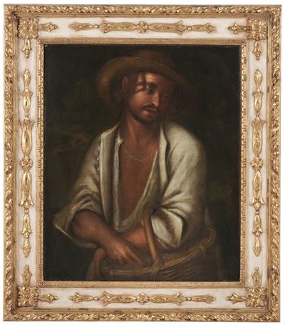 Contadino con cesto di semenze