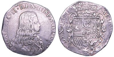 Carlo II di Spagna, Busto a destra con corazza e maschera leonina, 1676