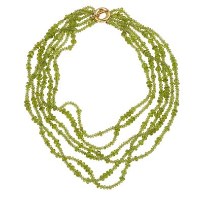 Collana a più fili con peridoti a taglio a briolette, in oro giallo 750/1000