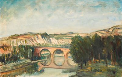 Paesaggio con ponte, olio su tela, cm 90x58