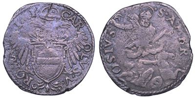 Carlo V d’Asburgo, 1535-1556, Mezzo bianco (Milano), acquila bicipite coronata e Sant’Ambrogio
