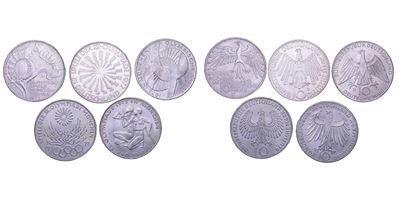 Germania, Lotto di cinque monete delle Olimpiadi di Monaco 1972, zecca D (argento 0,625)