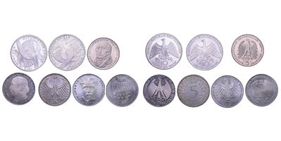 Germania, lotto di sette monete (5 e 10 Marchi), argento 0.625