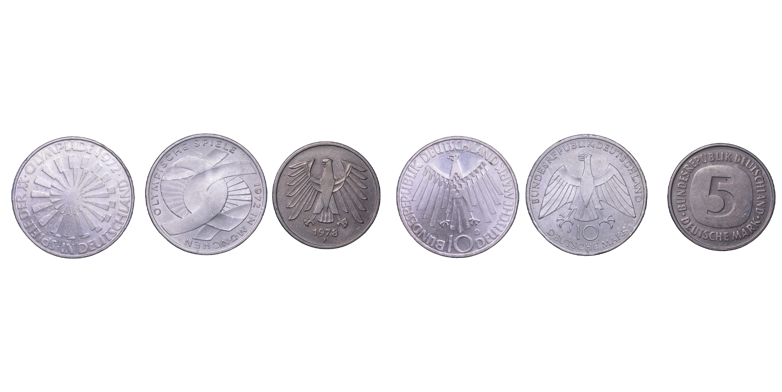 Germania, Lotto di sette monete (5 e 10 Marchi, 2 Marchi), metallo: argento 0,625 e Cu/Ni