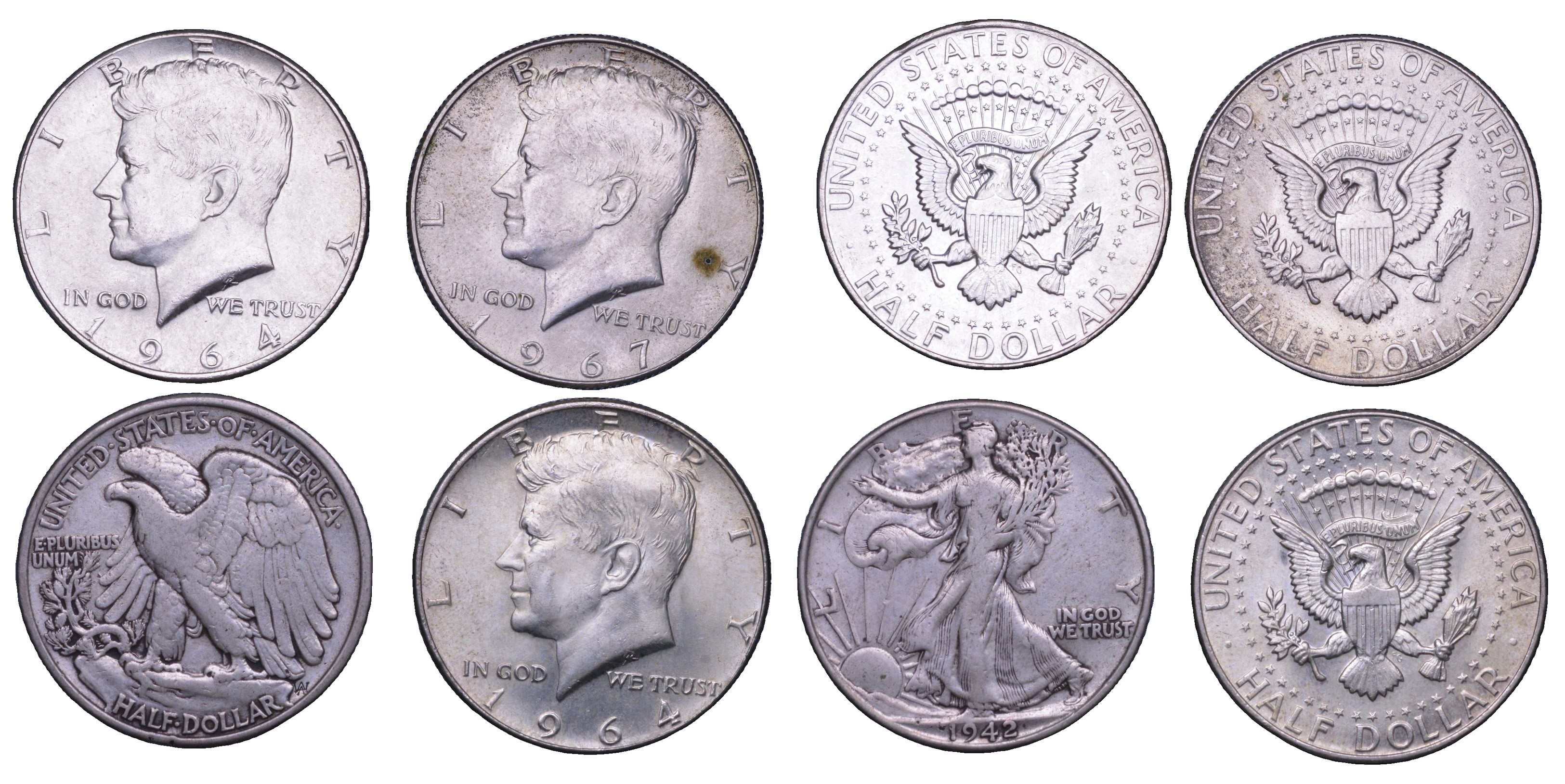 Stati Uniti d’America, Lotto di sette monete (2× 1 Dollaro e 5× ½ Dollaro), argento