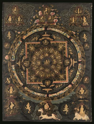 Thangka su carta raffigurante Buddha e divinità, Tibet, XIX secolo, incorniciato