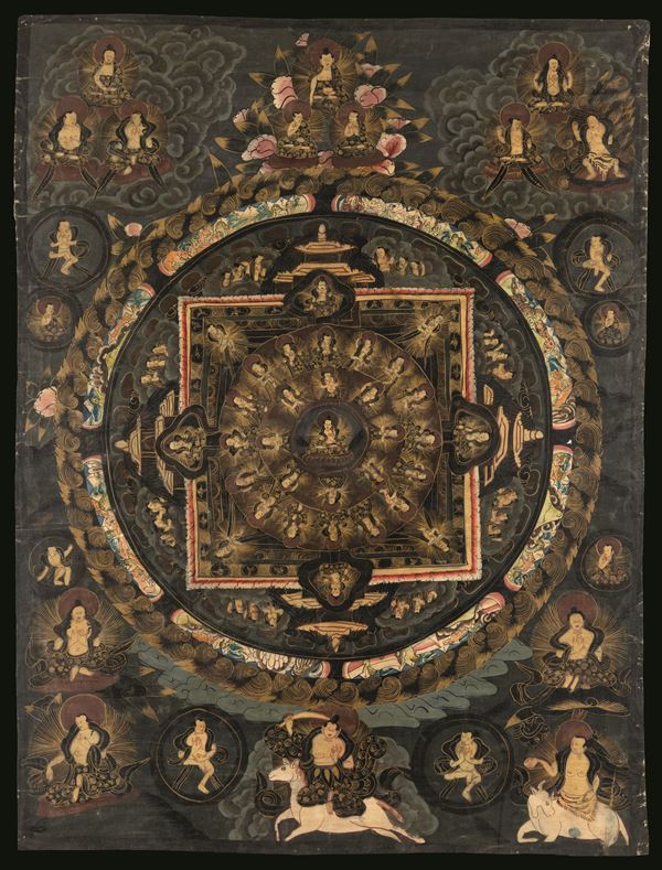 Thangka su carta incorniciato raffigurante Buddha e divinità, Tibet, XIX secolo