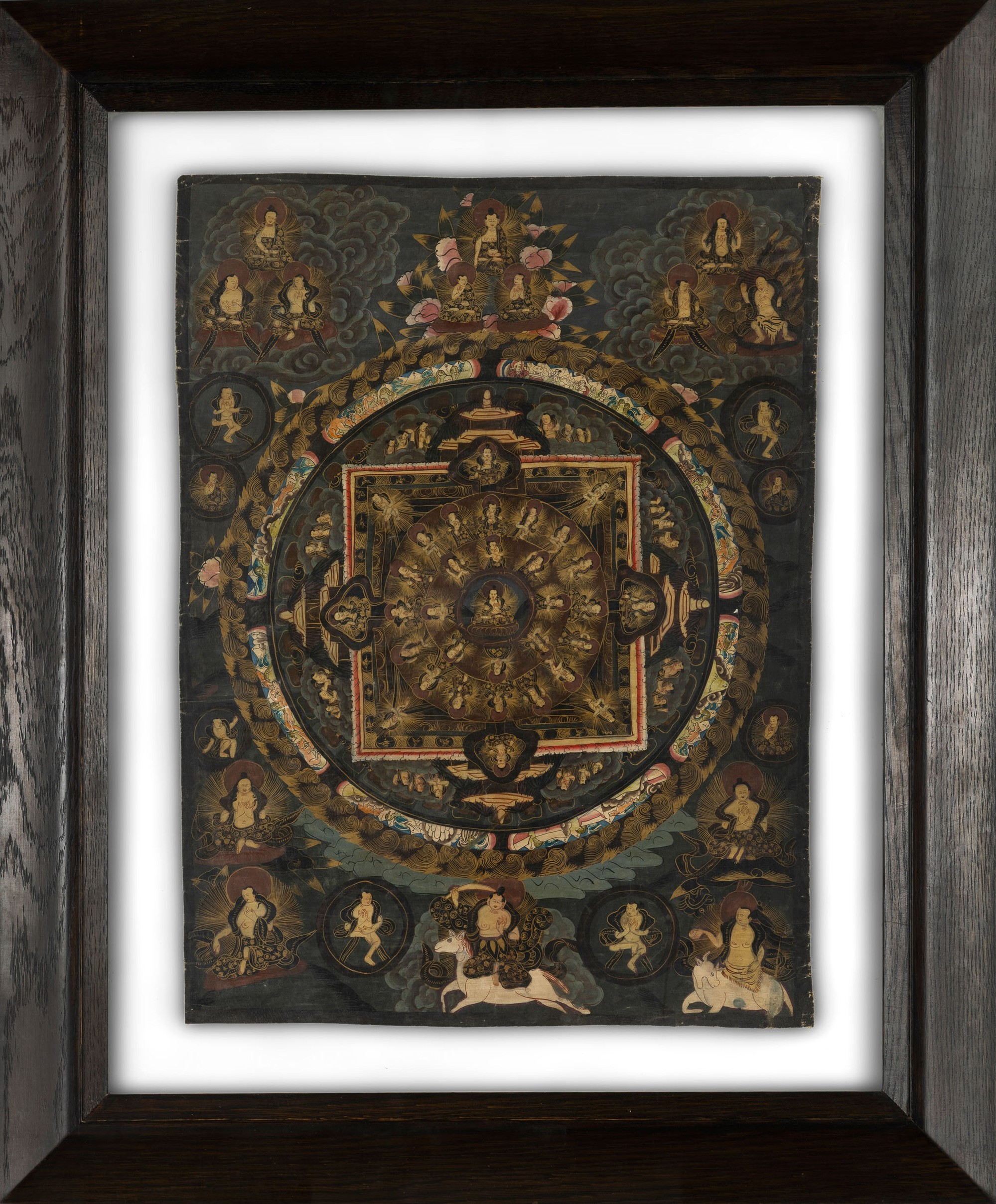 Thangka su carta raffigurante Buddha e divinità, Tibet, XIX secolo, incorniciato