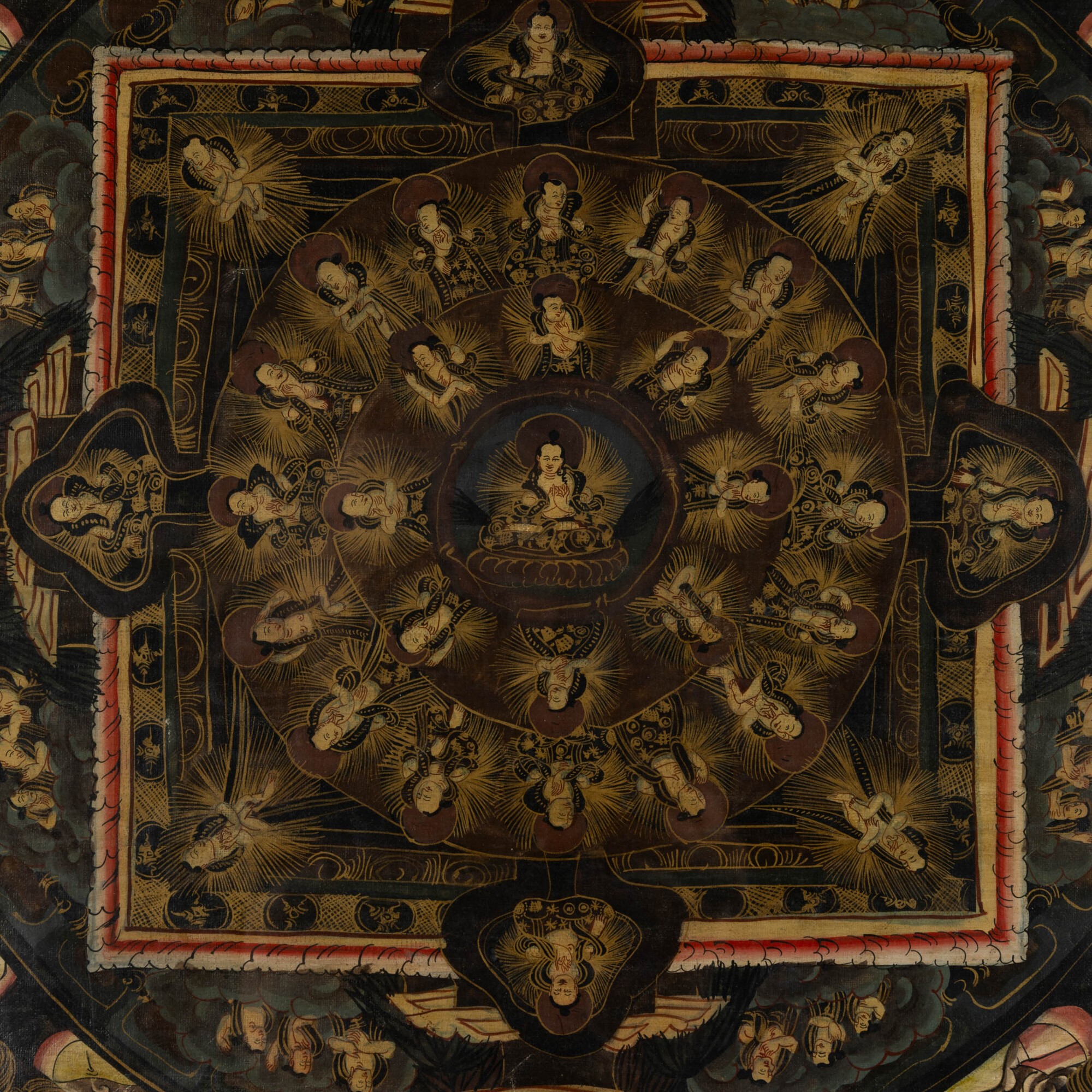 Thangka su carta raffigurante Buddha e divinità, Tibet, XIX secolo, incorniciato