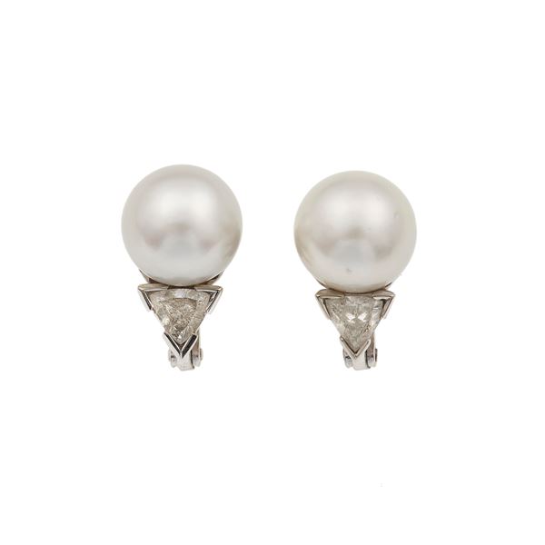 Pair of Australian cultured pearl and diamond earrings