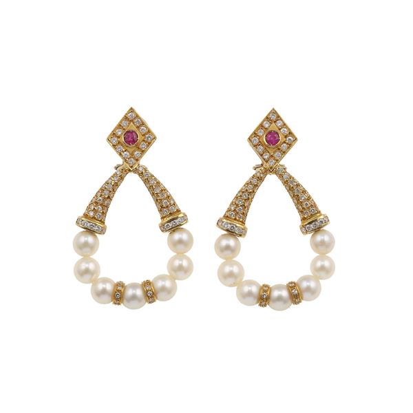 Pair of culture pearl, diamond, ruby and gold earrings