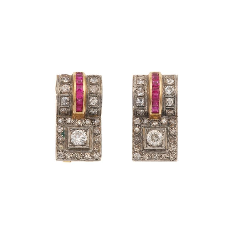 Pair of diamond, ruby and gold earrings  - Auction Fine Jewellery - Cambi Casa d'Aste