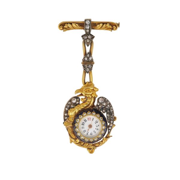 Rose-cut diamond, gold and silver pendent watch. The movement has not been tested for the accuracy of time and may need a service