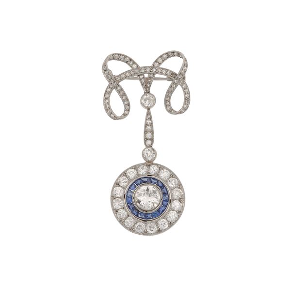 Old-cut diamond, sapphire and platinum pendent brooch