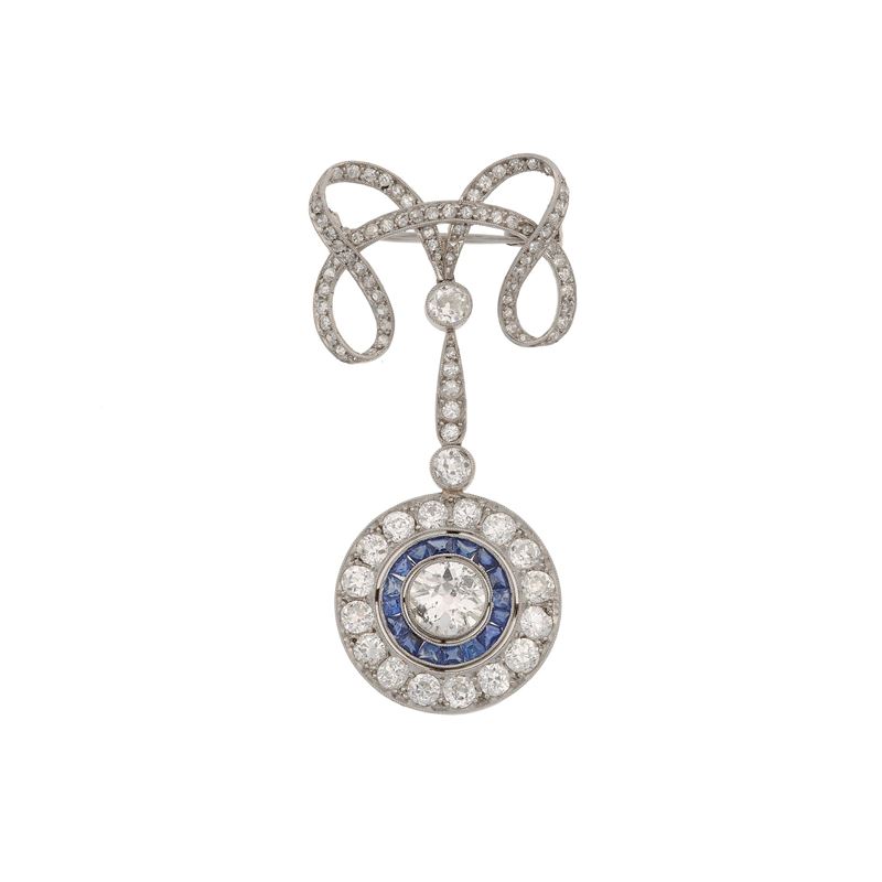 Old-cut diamond, sapphire and platinum pendent brooch  - Auction Fine Jewellery - Cambi Casa d'Aste