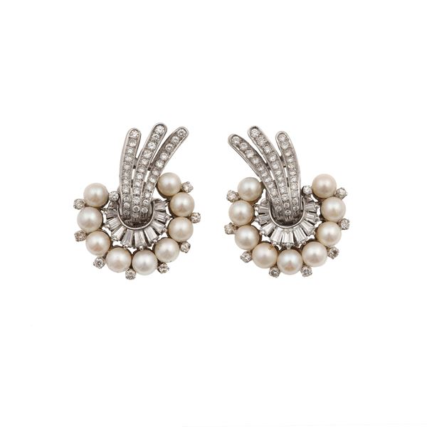 Pair of diamond, pearl and gold earrings