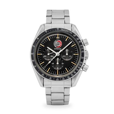 Speedmaster “Apollo Soyuz” ref. ST 145.0022, acciaio, quadrante nero con emblema (95/500 circa 19...