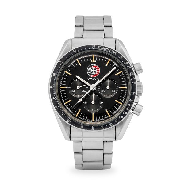 Omega - Raro Speedmaster "Apollo Soyuz" ref. ST 145.0022 in acciaio, quadrante nero con emblema, esemplare 95/500, con scatola originale e certificato, circa 1976