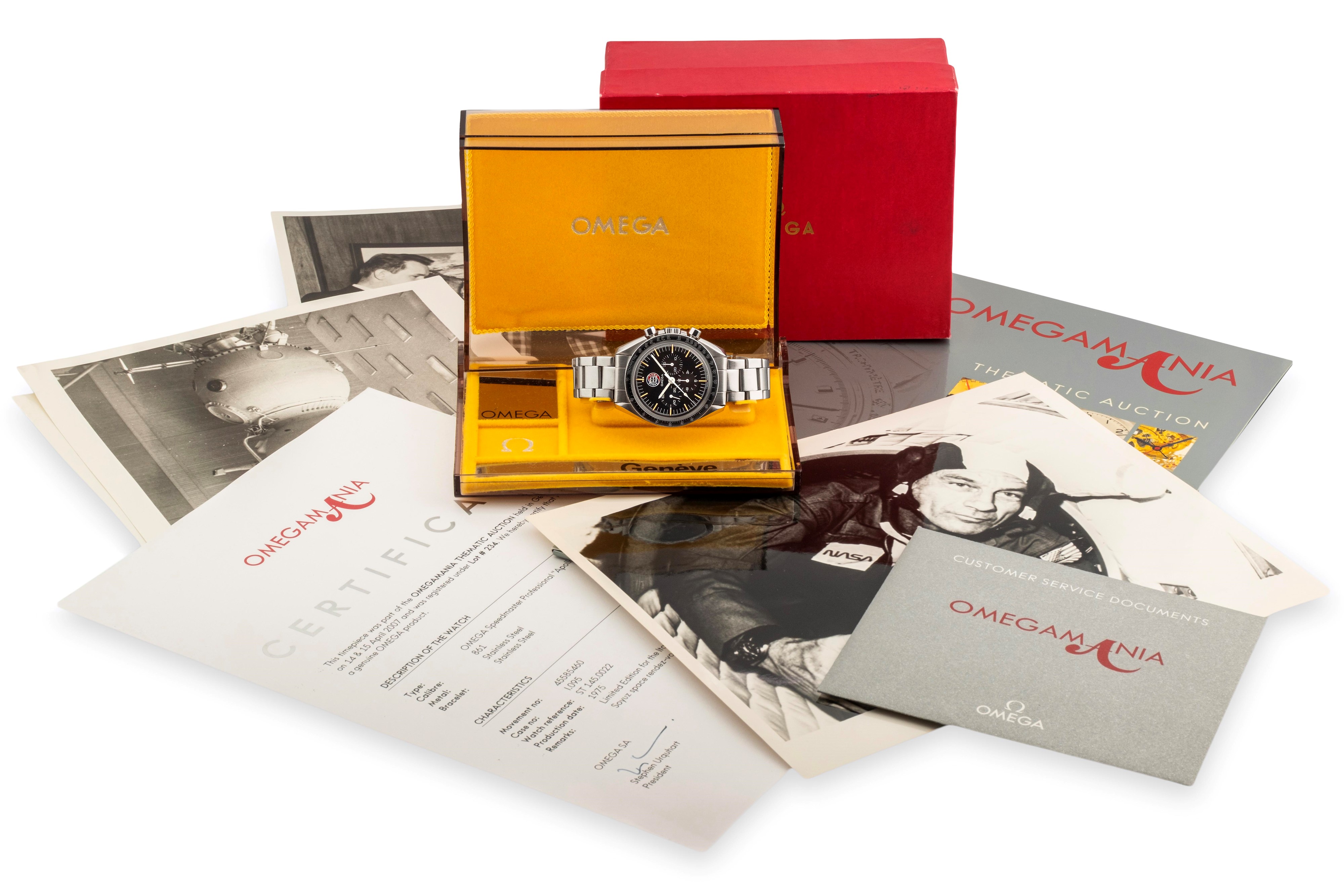 Omega - Speedmaster “Apollo Soyuz” ref. ST 145.0022, acciaio, quadrante nero con emblema (95/500 ...