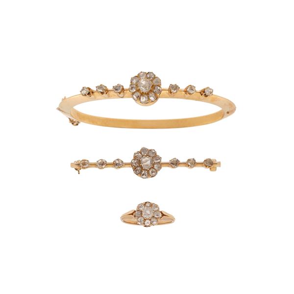 Rose-cut diamond and gold parure. Fitted case