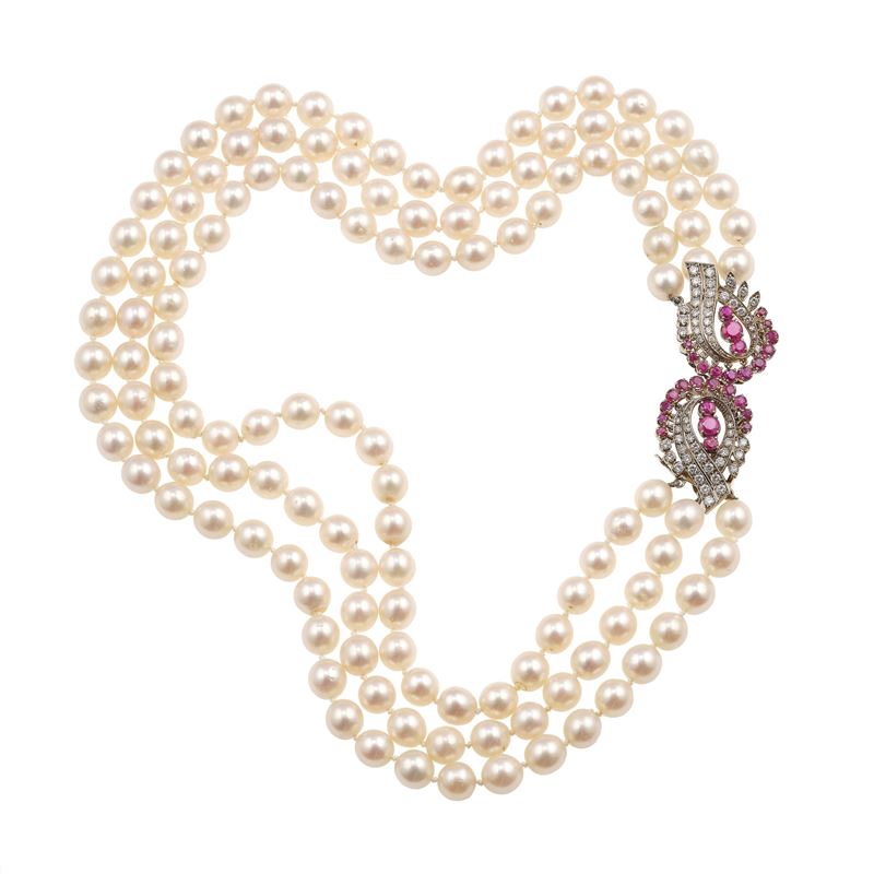 Cultured pearl, diamond, ruby and gold necklace  - Auction Fine Jewellery - Cambi Casa d'Aste