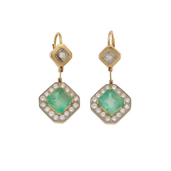 Pair of emerald and diamond earrings