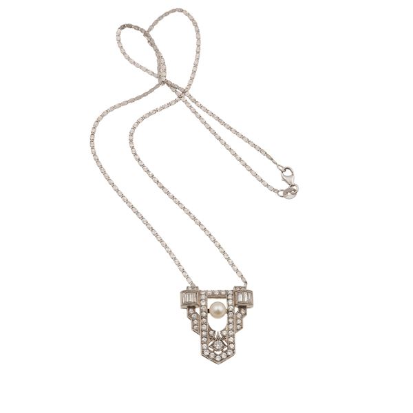 Diamond, pearl, platinum and gold necklace. Fitted case signed F. Chiappe, Genova