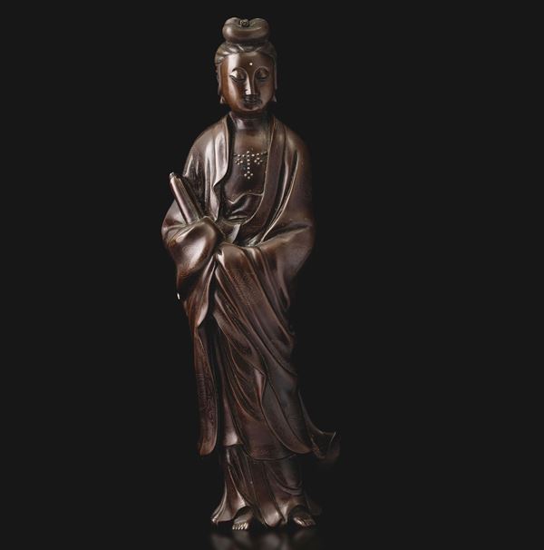 Bronze figure of Guanyin with silver inlays, Shisou mark, China, Qing Dynasty, late 18th century.