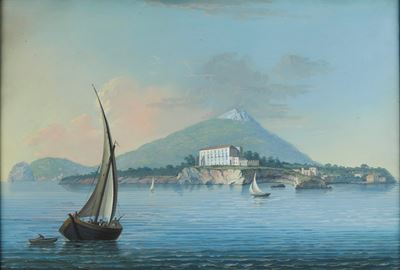 Pittore del XIX secolo, Veduta costiera con imbarcazioni, gouache su carta