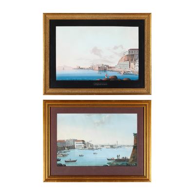 Pittore del XIX secolo, Veduta di Napoli, Santa Lucia a Mare, coppia di gouaches su carta