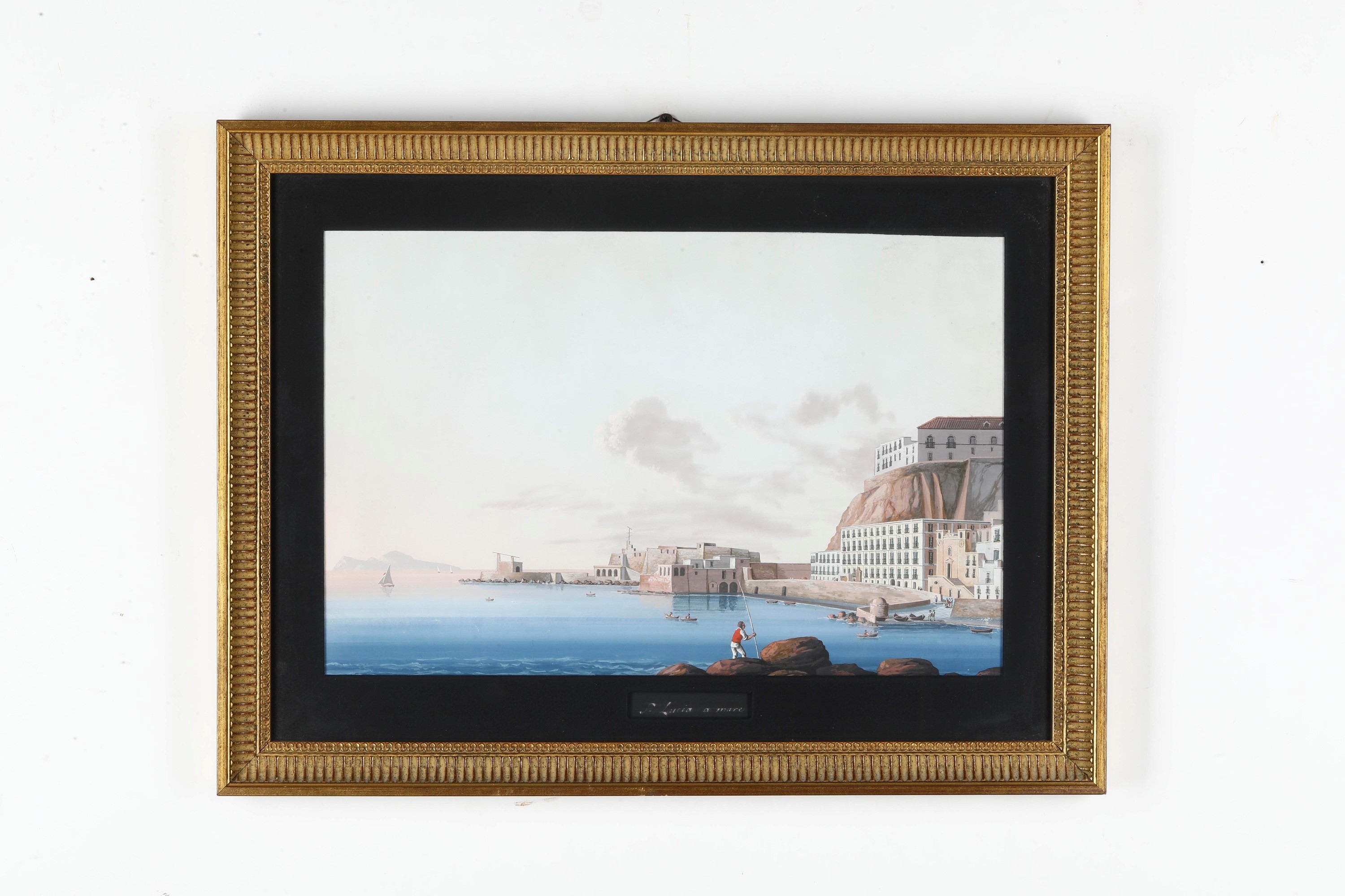 Pittore del XIX secolo, Veduta di Napoli, Santa Lucia a Mare, coppia di gouaches su carta