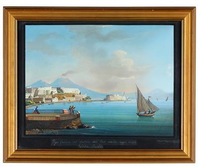 Veduta del Golfo di Napoli con imbarcazioni, gouache su carta