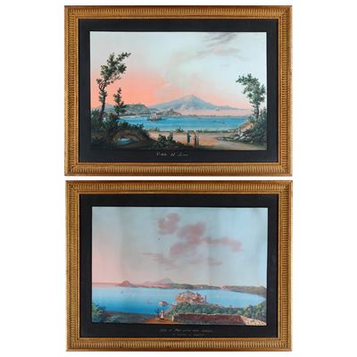Pittore del XIX secolo, Veduta dal Fusaro, Golfo di Baia, coppia di gouaches su carta